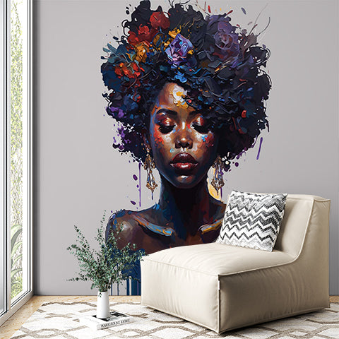 Vibrant Afrocentric Portrait Wall Mural Wallpaper - Colorful Floral Hair Art