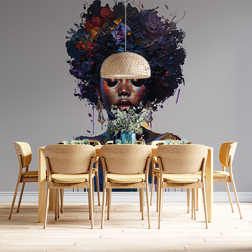 Vibrant Afrocentric Portrait Wall Mural Wallpaper - Colorful Floral Hair Art