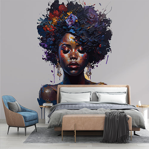 Vibrant Afrocentric Portrait Wall Mural Wallpaper - Colorful Floral Hair Art