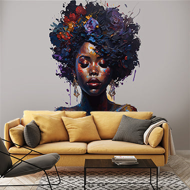 Vibrant Afrocentric Portrait Wall Mural Wallpaper - Colorful Floral Hair Art