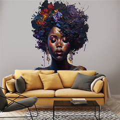 Custom Vibrant Afrocentric Portrait Wall Mural Wallpaper - Colorful Floral Hair Art