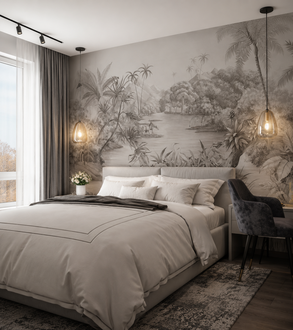 Grey tropical landscape wallpaper behind the bed in a modern bedroom.