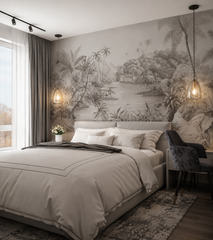 Grey tropical landscape wallpaper behind the bed in a modern bedroom.