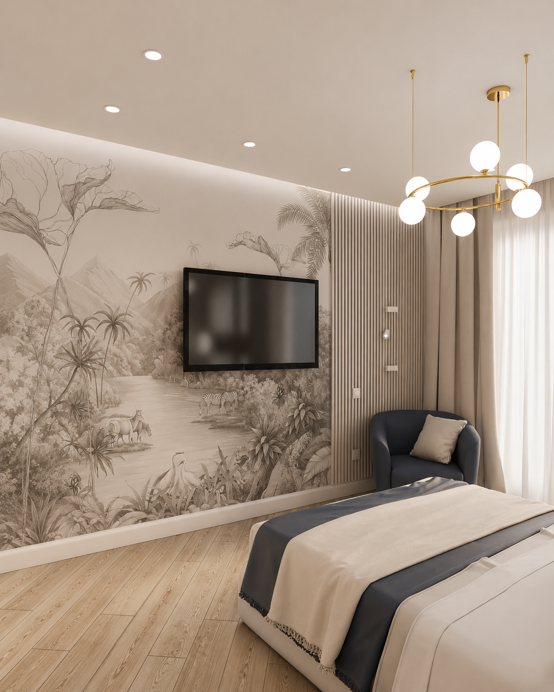 Grey tropical landscape wallpaper in a bedroom with TV wall.