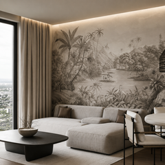 Grey tropical landscape wallpaper in a modern living room with city view.