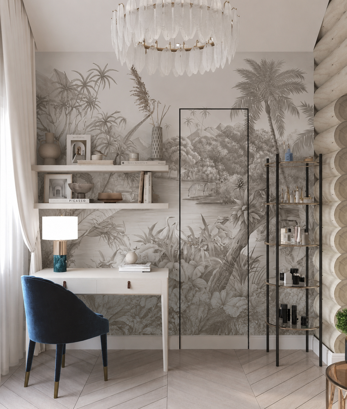 Grey tropical landscape wallpaper in a home office with white desk.