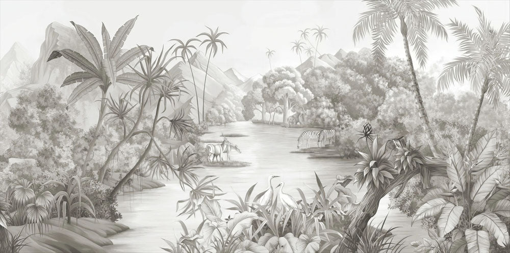 Monochrome grey scenic wallpaper with palm trees, tropical jungle, river and distant mountains in engraving style.