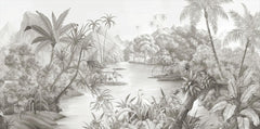 Monochrome grey scenic wallpaper with palm trees, tropical jungle, river and distant mountains in engraving style.