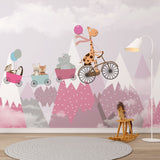 Kids Wall Murals Pink Mountains Cute Animals Simple Design Nursery Wallpaper for Kids