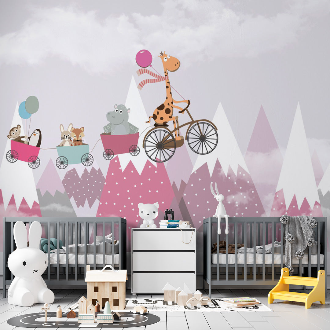 Kids Wall Murals Pink Mountains Cute Animals Simple Design Nursery Wallpaper for Kids