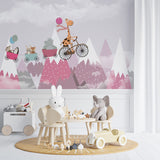 Kids Wall Murals Pink Mountains Cute Animals Simple Design Nursery Wallpaper for Kids