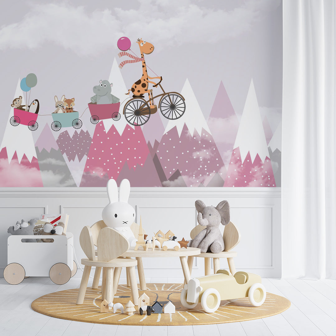 Custom Kids Wall Murals Pink Mountains Cute Animals Simple Design Nursery Wallpaper for Kids