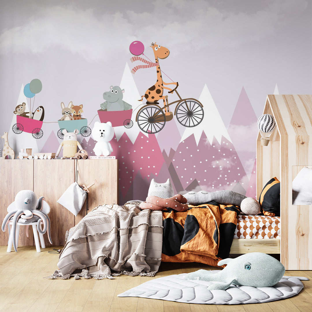 Kids Wall Murals Pink Mountains Cute Animals Simple Design Nursery Wallpaper for Kids