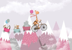 Custom Kids Wall Murals Pink Mountains Cute Animals Simple Design Nursery Wallpaper for Kids