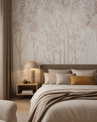 Pastel floral forest wallpaper in a designer bedroom.