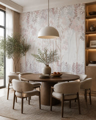 Pastel floral forest wallpaper in a refined dining area.