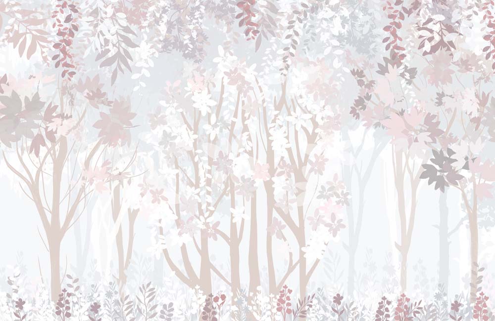 Pastel bloemenbos-fotobehang – blush en blauwe bladeren