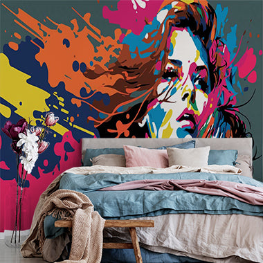 Bold Pop Art Woman Wall Mural Wallpaper - Vibrant Splatter Paint Design