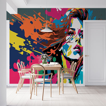 Bold Pop Art Woman Wall Mural Wallpaper - Vibrant Splatter Paint Design