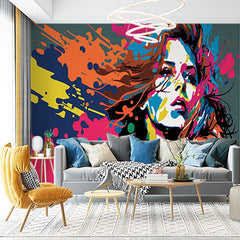 Custom Bold Pop Art Woman Wall Mural Wallpaper - Vibrant Splatter Paint Design