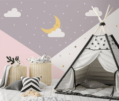 Custom Kids Wall Mural Large Rainbow Fairytale Wallpaper for Girls Kids Wall Mural Geometric Moon Dots Stars Pink Wallpaper for Girls