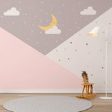 Kids Wall Mural Geometric Moon Dots Stars Pink Wallpaper for Girls