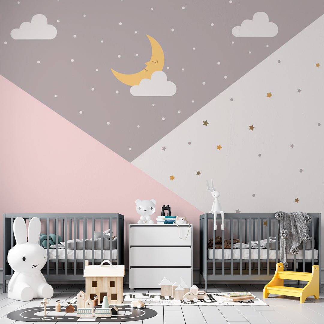 Kids Wall Mural Geometric Moon Dots Stars Pink Wallpaper for Girls