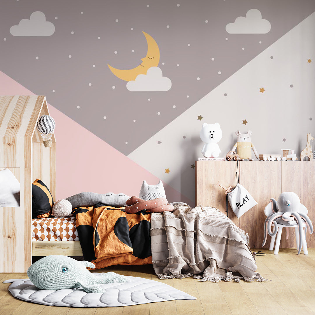 Kids Wall Mural Geometric Moon Dots Stars Pink Wallpaper for Girls