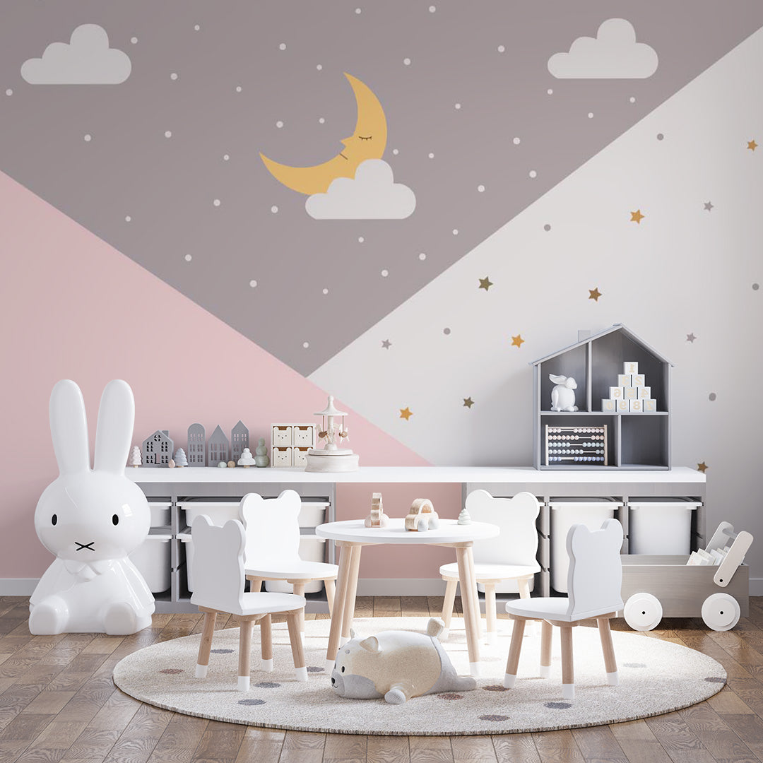 Kids Wall Mural Geometric Moon Dots Stars Pink Wallpaper for Girls