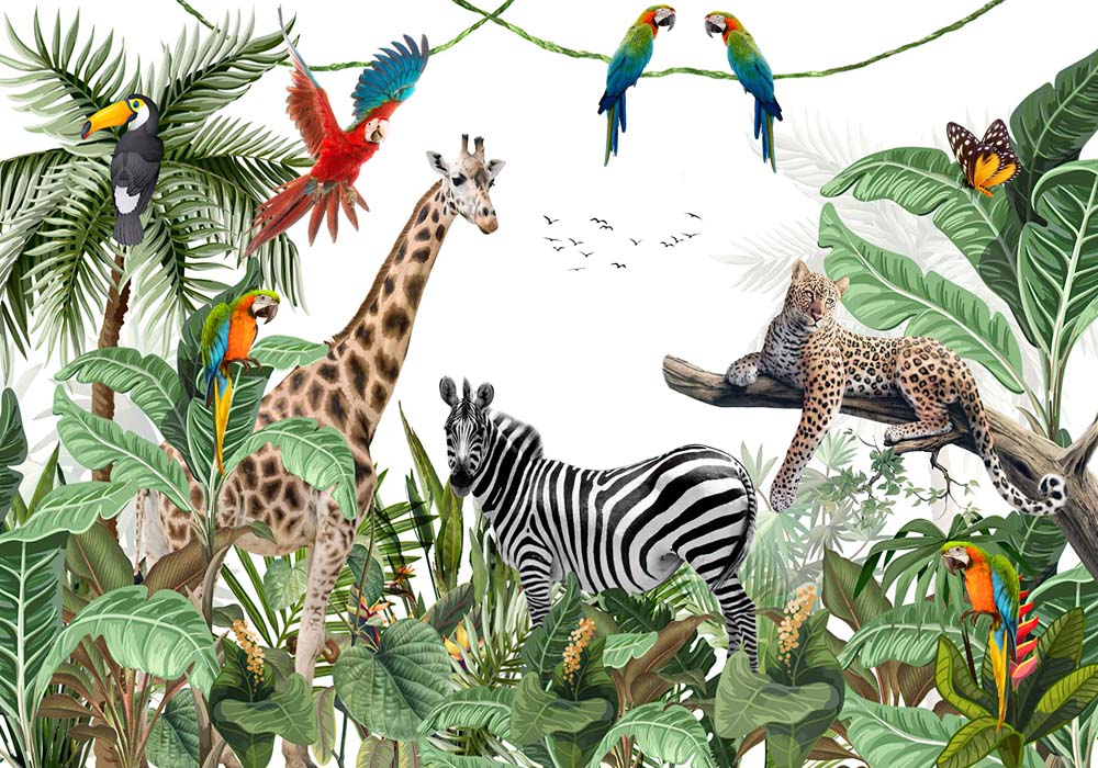 Kids Wall Mural Safari Wildlife and Exotic Animals Wallpaper for Kids Room