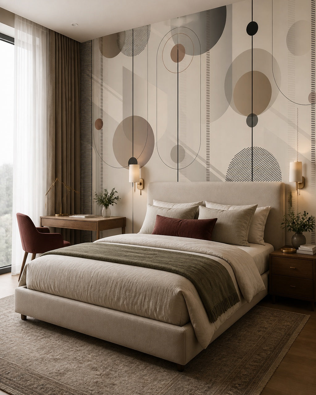 Abstract circles and lines wallpaper in a designer bedroom.