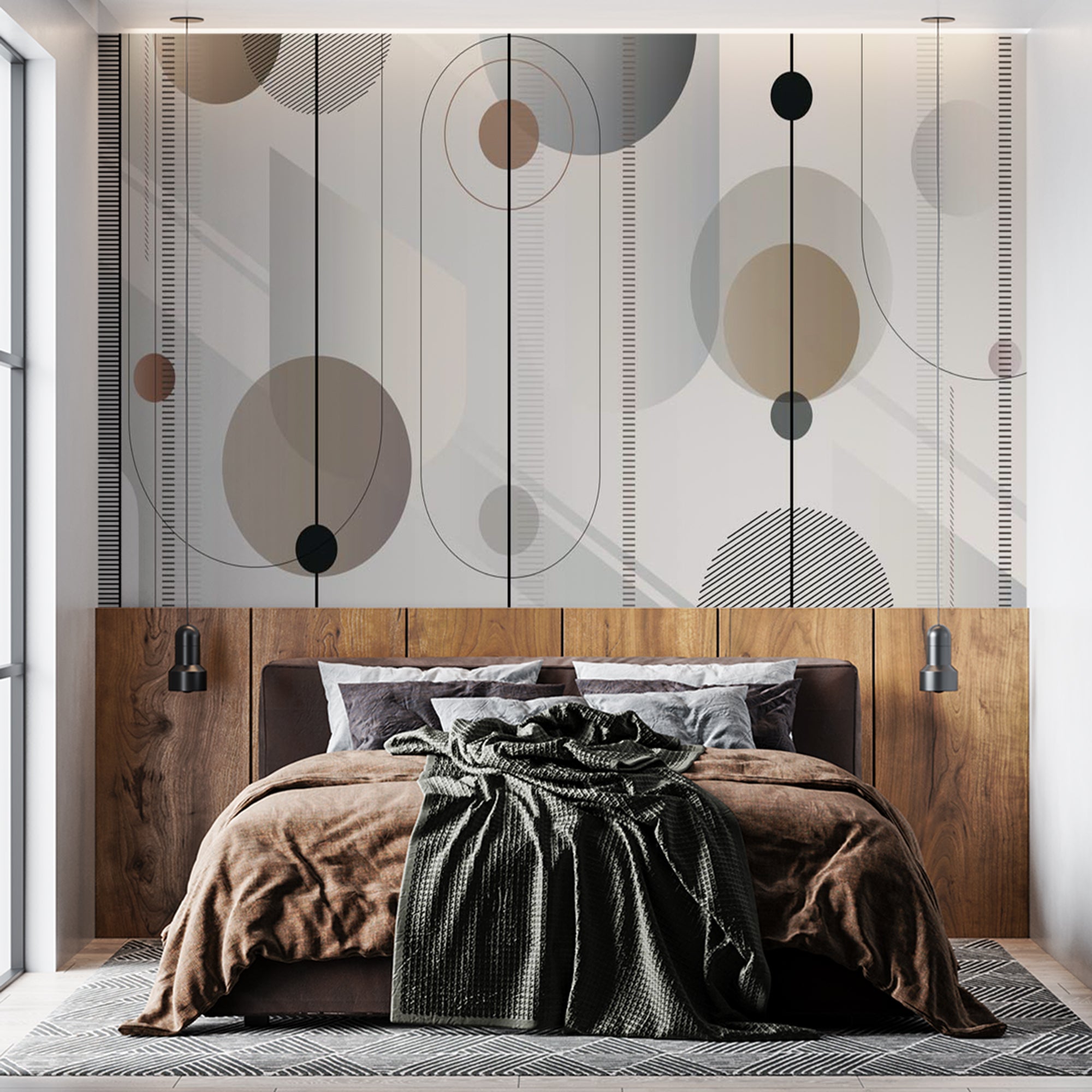 Modern Abstract Circles and Vertical Lines Wallpaper in Neutral Tones