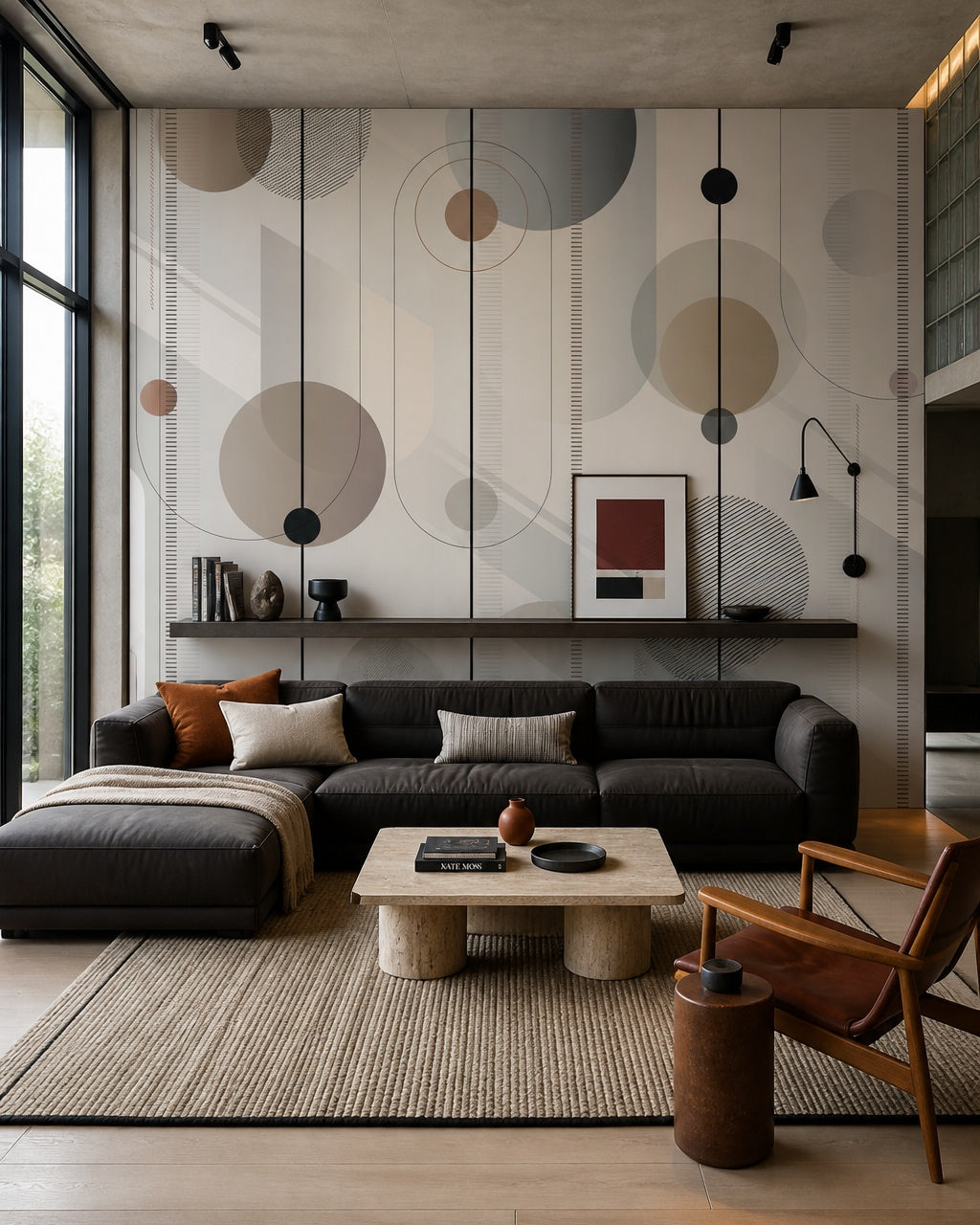 Abstract circles and lines wallpaper in a designer living room.