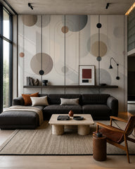 Abstract circles and lines wallpaper in a designer living room.