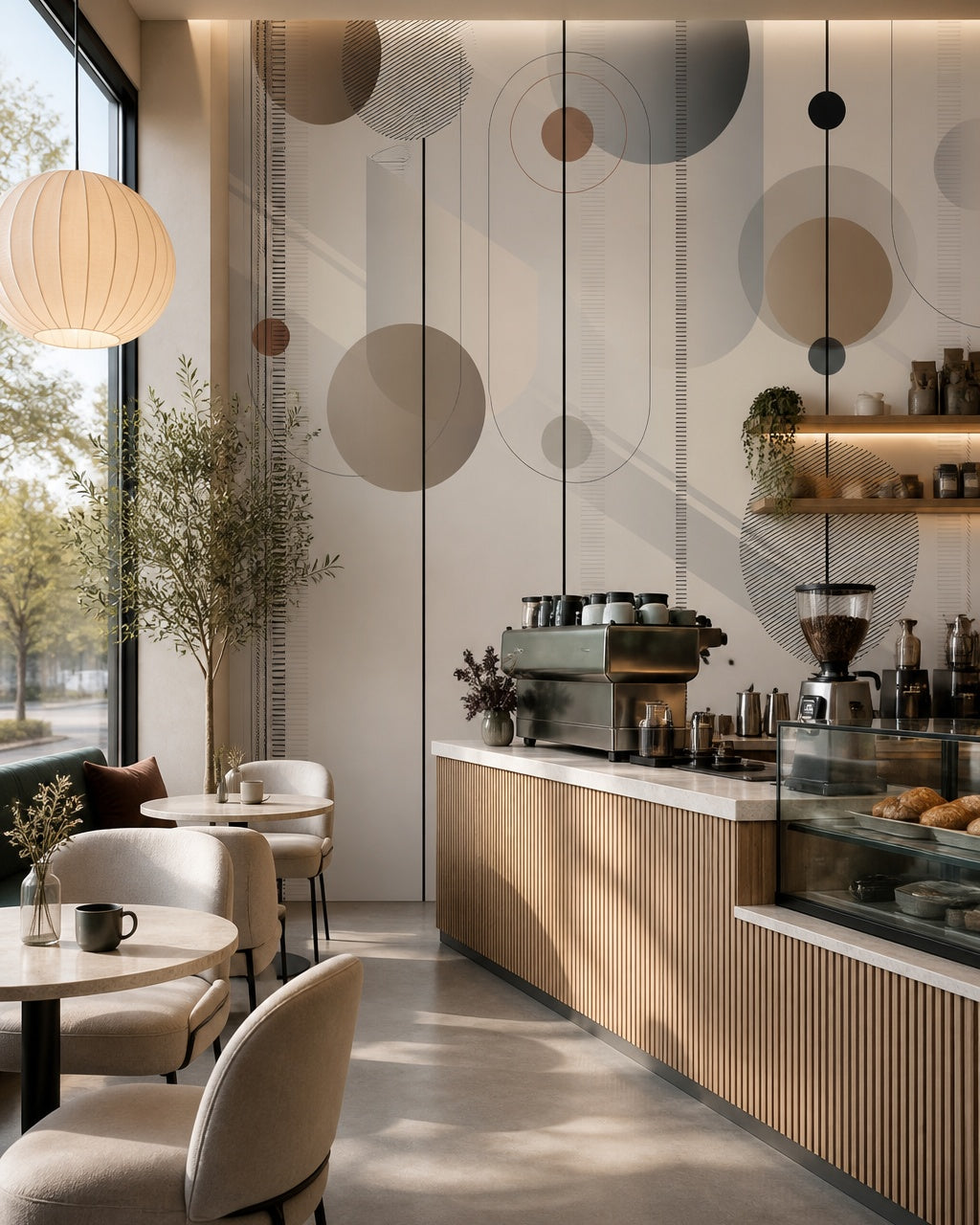 Abstract circles and lines wallpaper in a specialty coffee shop.