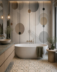 Abstract circles and lines wallpaper in a luxury bathroom.