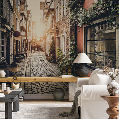 Enchanting Old Town Street Wall Mural - Vintage Cobblestone Path and Historic Buildings at Sunset