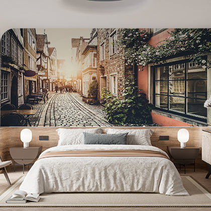 Enchanting Old Town Street Wall Mural - Vintage Cobblestone Path and Historic Buildings at Sunset