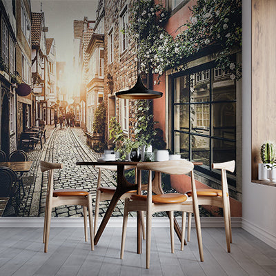 Enchanting Old Town Street Wall Mural - Vintage Cobblestone Path and Historic Buildings at Sunset