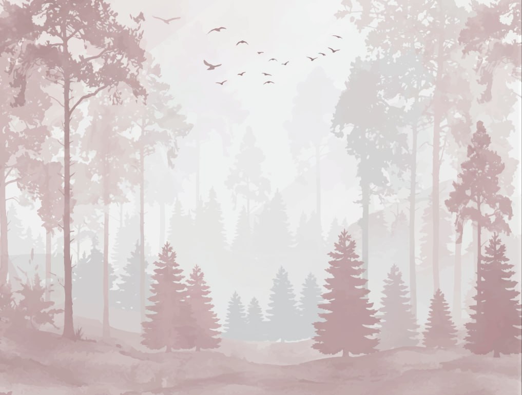 Papel pintado de bosque rosa con bruma – Mural de pinos rosa palo y aves