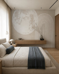 Minimalist moon and arches wallpaper in a designer bedroom.
