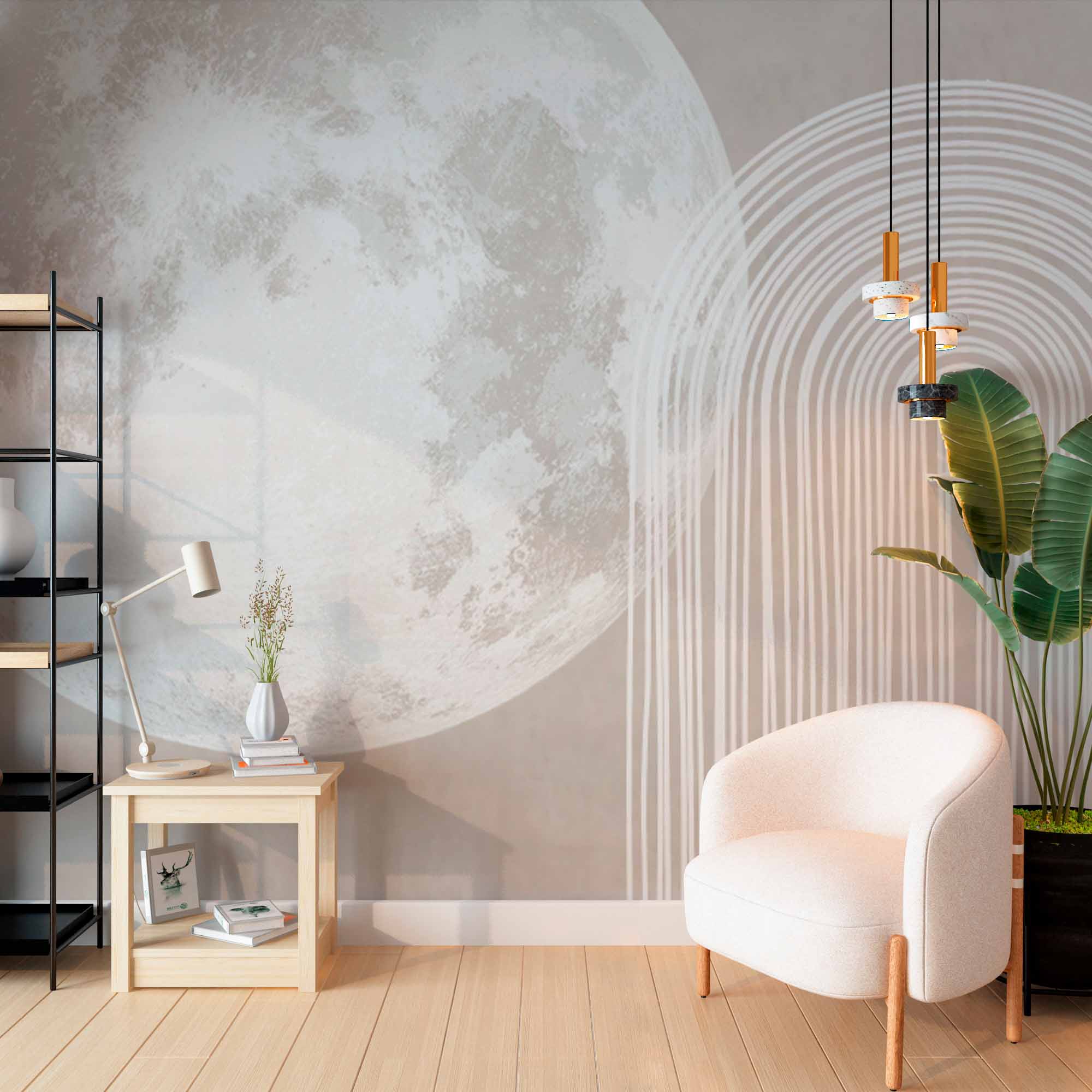 Modern Minimalist Wall Mural Wallpaper with Moon and Geometric Lines