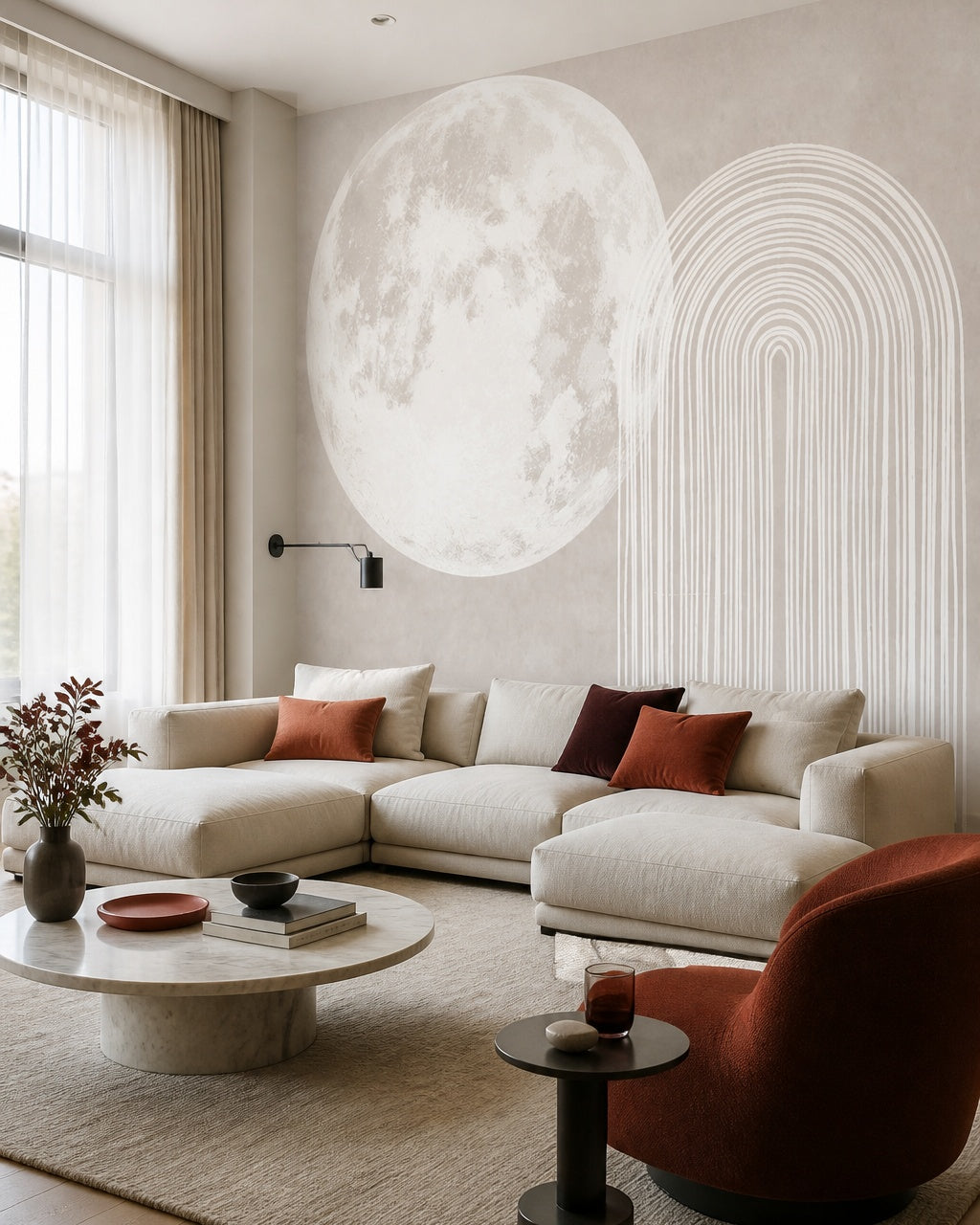 Minimalist moon and arches wallpaper in a designer living room.