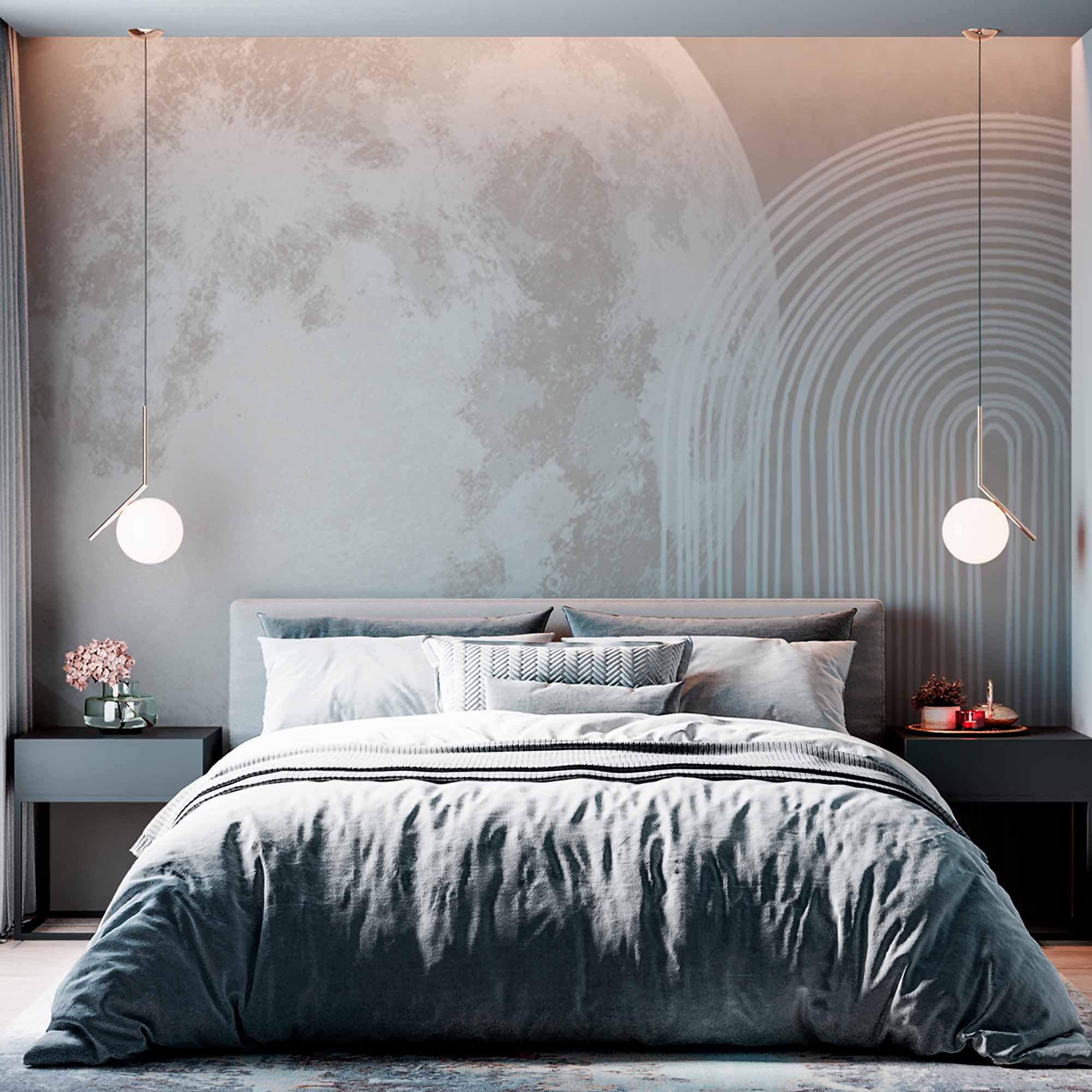 Modern Minimalist Wall Mural Wallpaper with Moon and Geometric Lines