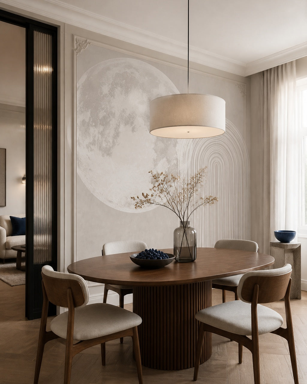 Minimalist moon and arches wallpaper in a refined dining area.