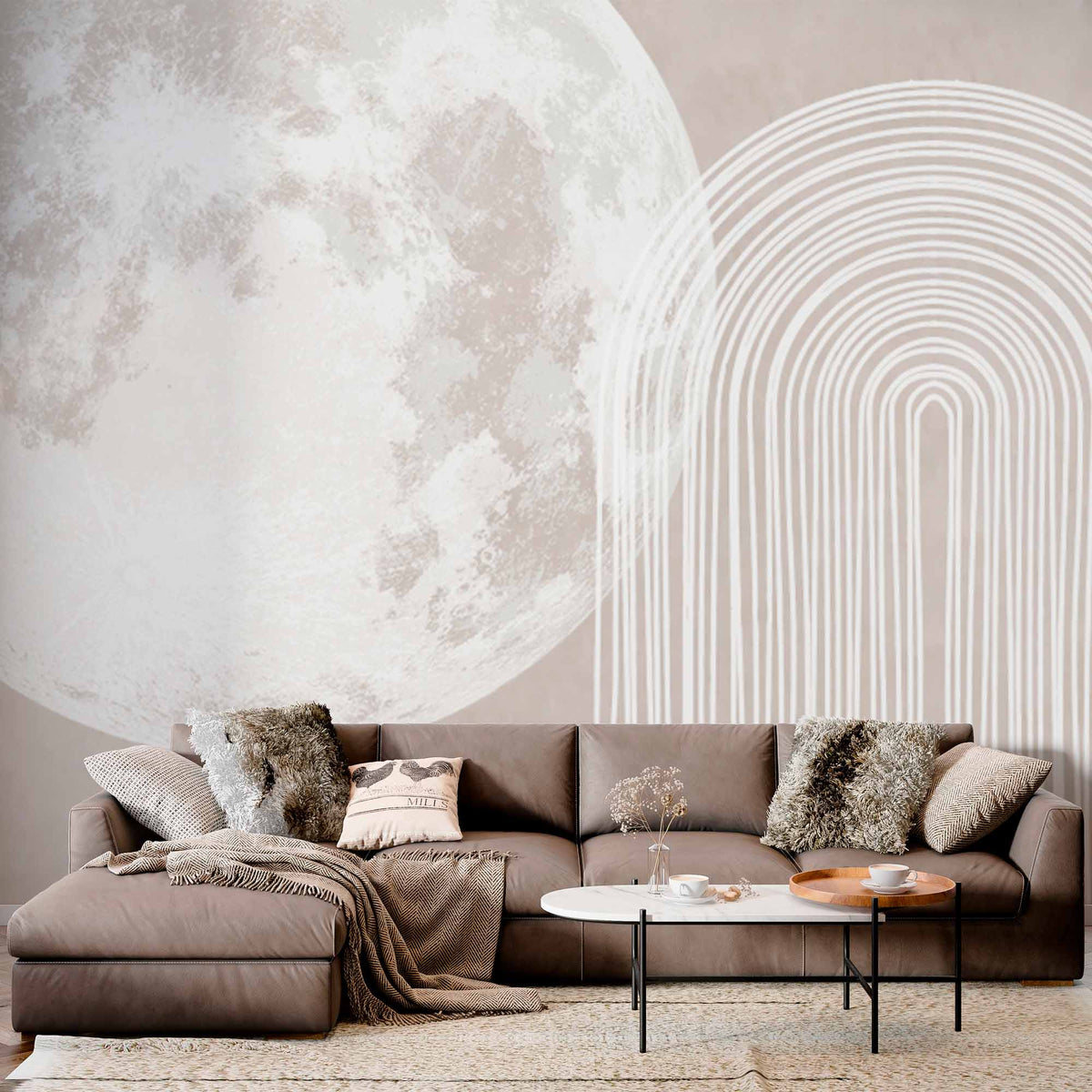 Modern Minimalist Wall Mural Wallpaper with Moon and Geometric Lines