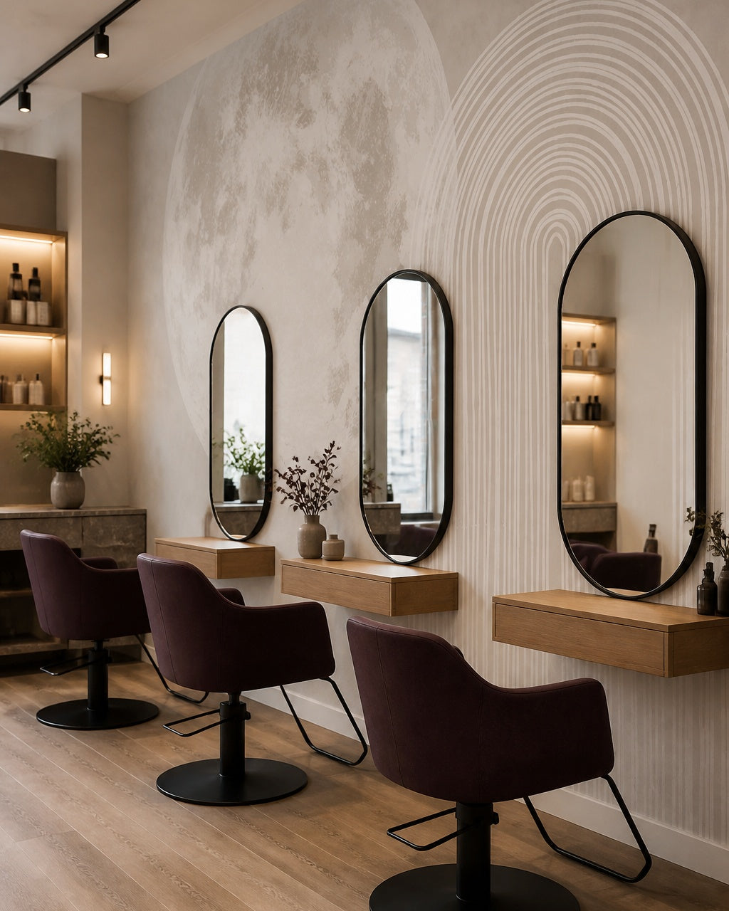 Minimalist moon and arches wallpaper in a beauty salon.