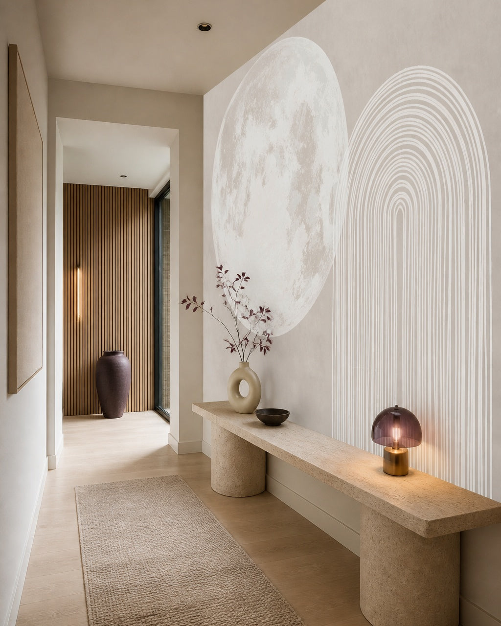 Minimalist moon and arches wallpaper in an architectural hallway.