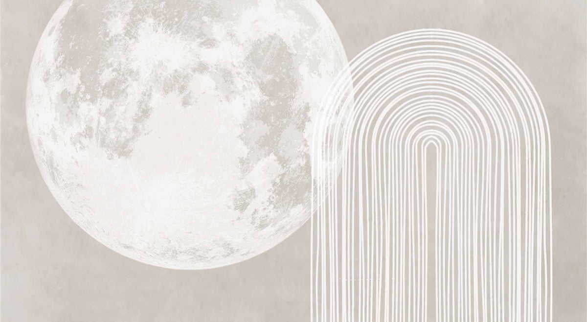Papier peint lune et arches minimalistes – Papier peint panoramique lune beige et arc-en-ciel en lignes