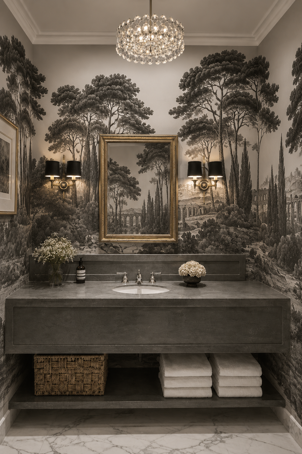 Black and white Italian toile wallpaper in a powder room with stone vanity and brass sconces.